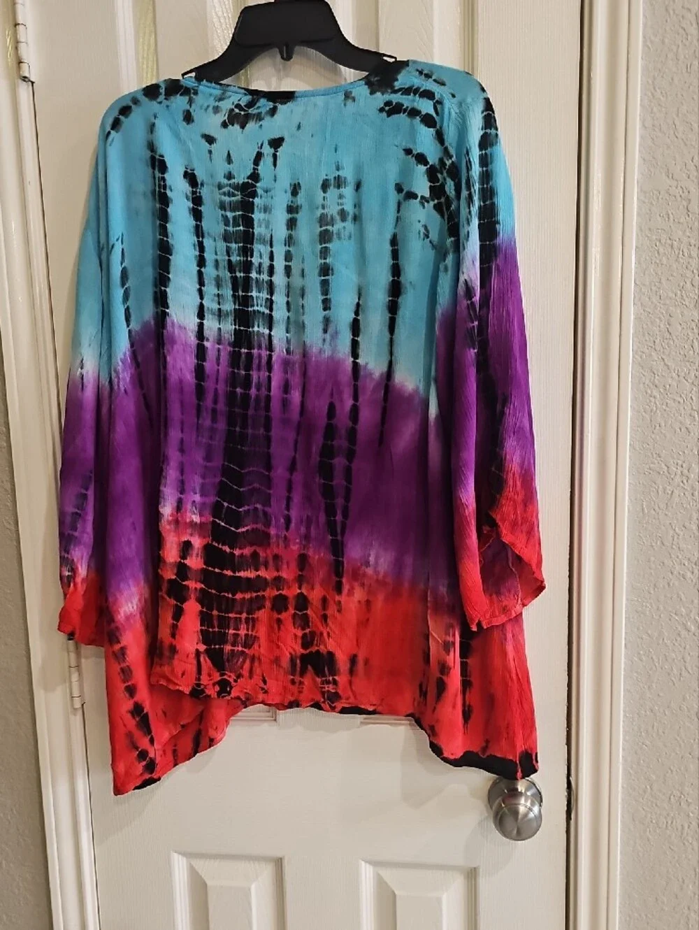 Greater Good Tie-Dye V-Neck Gauzy Tunic Top - Aqua, Purple & Red L/XL - Picture 7 of 14